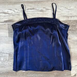 Vtg Y2K Metallic Navy Camisole Top with Embroidered Trim and Spaghetti Straps